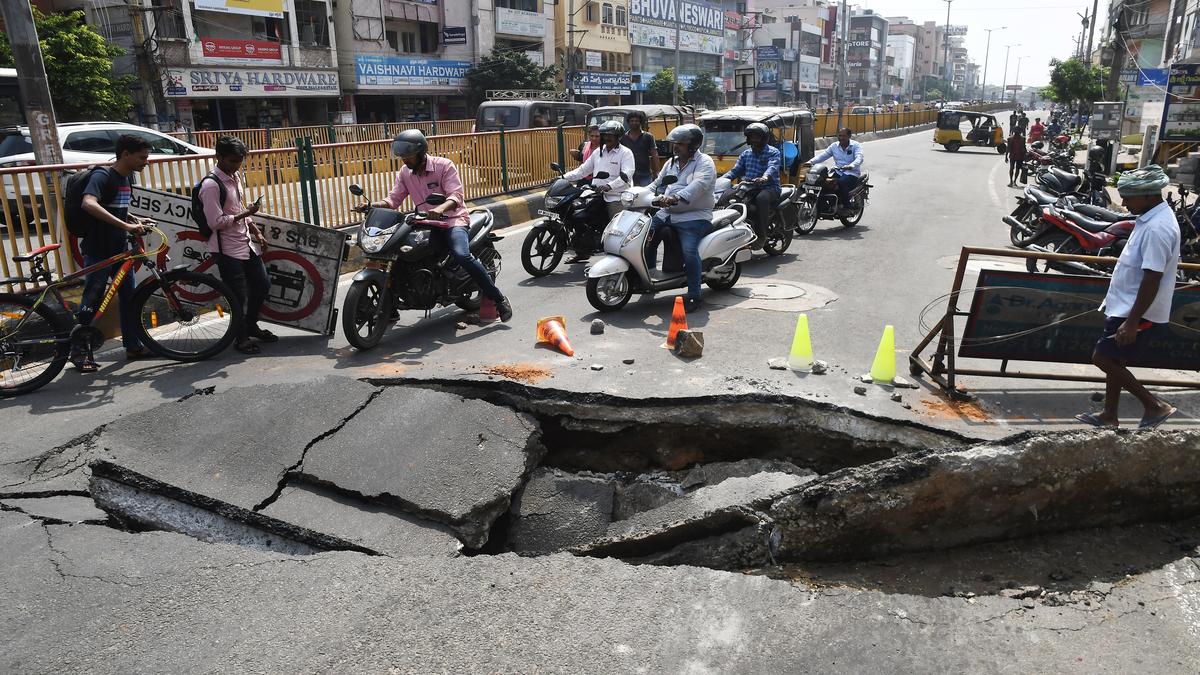 Portion of BRTS road caves in near Rama Talkies in Visakhapatnam